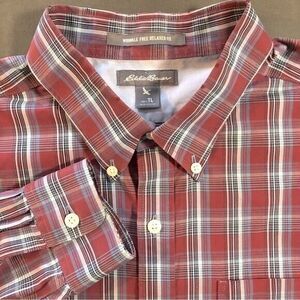Eddie Bauer Men Tall Large Maroon Blue Plaid Relaxed Fit Long Sleeve Button Down
